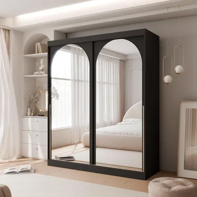 Image de Armoire à portes coulissantes IDOHOME CLARITY avec miroir, deux portes – Armoire élégante et moderne pour la chambre à coucher et le couloir, noir glamour