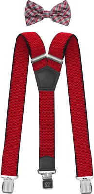 Produktbild von Fabio Farini - 1 Stück mit passender Fliege als Set 4cm Y-Form für Herren Pack Rot 4cm Hosenträger - Rot Grau Weiß Kariert Fliege