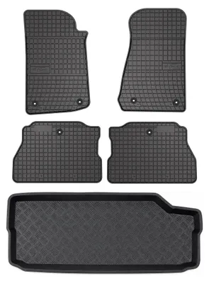 Image de Tapis en caoutchouc + bac de coffre pour Jeep Wrangler IV JL 2017- (avec caisson de basses) – 5 pièces, noirs, sur mesure