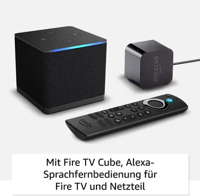 A product shot of an Amazon Fire TV Cube, its remote, and power adapter, with descriptive text below.