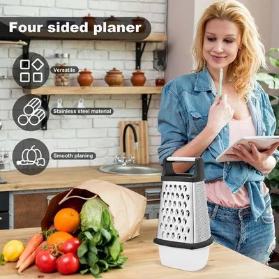 Immagine prodotto di Unyqoos® Grattugia da cucina a quattro lati con contenitore – Grattugia multifunzione in acciaio inossidabile con manico antiscivolo, ideale per grattugiare formaggio, verdure e scorze