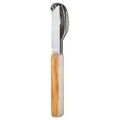 A single multi-functional cutlery item with a wooden handle is shown against a white background.