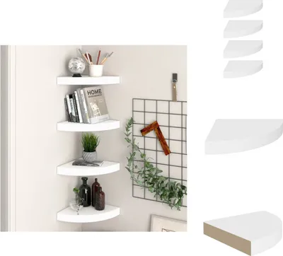 A set of four white corner shelves mounted on a wall, with decorative items on them.