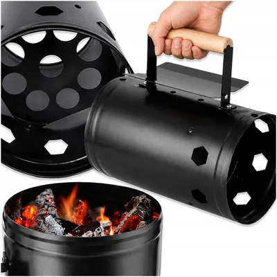 Produktbild von Grill-Anzündkamin für Kohle & Briketts – Kohleanzünder mit Hitzeschutzblech – Verzinkter Stahl – Großer Grillstarter mit Holzgriff