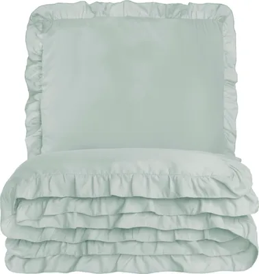 A stack of ruffled bedding in a light blue color.