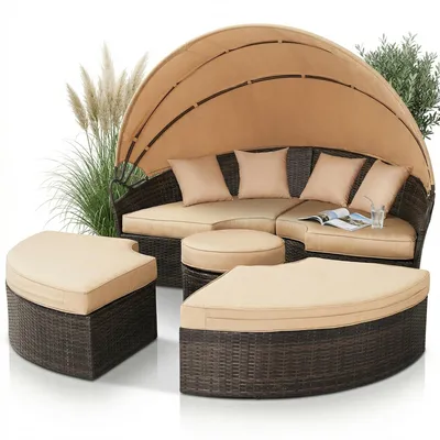 Produktbild von Mucola Sonnenliege Strandkorb Sonneninsel 180CM Tisch Polyrattan Gartenmuschel Set Gartenmöbel Sitzgarnitur Sunbed Kissen Beige - Braun
