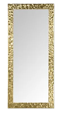 A tall, rectangular mirror with a textured gold frame is shown against a white background.
