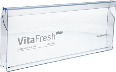 A clear plastic drawer for a refrigerator.