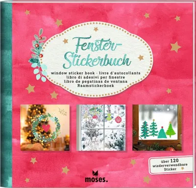 A collage of images showing window stickers for winter decoration, with the product title and branding prominently displayed.