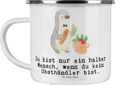 Produktbild von Mr. & Mrs. Panda Emaille Tasse Obsthändler Herz - Weiß - Geschenk, Obstbauer, Lustig, Becher, Haferl, Teetasse, Witzig, Spruch, Kaffeepott, Pott