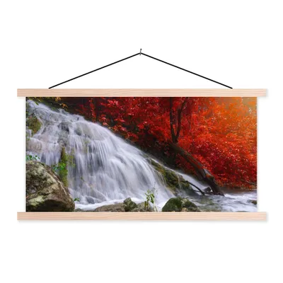 Produktbild von MuchoWow® Textilposter Wasserfall - Felsen - Wasser - Herbst 60x30 cm mit holzfarbenen Rahmen - Dekoration