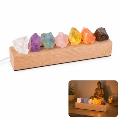 Produktbild von 7-Chakra-Kristall-Nachtlicht, Massivholzsockel, natürliche Rohstein-Bettlampe, 2-in-1 für Meditation und Stressabbau, USB-Tischlampe, Zen-Wohnraumdeko