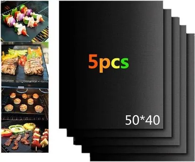 Produktbild von Famanu Grillmatte Set von 5 - Wiederverwendbar, Antihaft, für Gas- und Holzkohlegrills, Schwarz