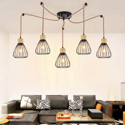 Produktbild von ZMH Pendelleuchte Esstisch Hängelampe Wohnzimmer Vintage Esszimmerlampe Schwarz Esszimmer Hängeleuchte 5 Flammig Retro Metall Hanfseil aus Holz Industrial E27 Pendellampe für Kneipen ohne Leuchtmittel