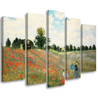 Produktbild von 5-teiliges leinwandbild mohnblumenfeld c.monet 150x100 cm Feeby farbe wandbild bereit zum aufhängen