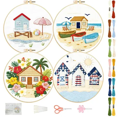 Stickerei-Set für Anfänger, 4er-Pack, Strandhütten, 20 cm