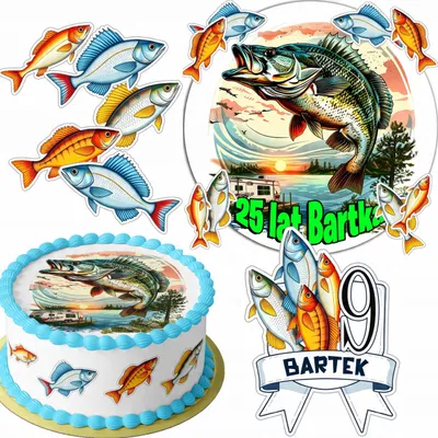 Obrázek produktu pro Zestaw Opłatek Na Tort 20Cm + 16 Postaci - Wędkarskie Rybak +Imię 15Cm 18Cm