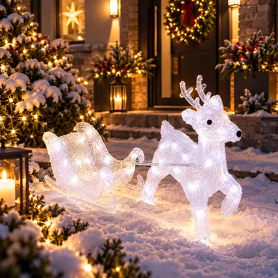 Acryl Rentier mit Schlitten 50 LEDs kaltweiß Außenbeleuchtung
