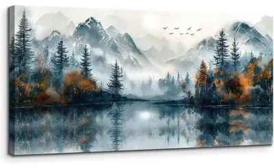 Productafbeelding van Canvas schilderij, donkerblauwe bergmeren, 50x100 cm, wanddecoratie, natuur, landschap, modern, kunstafdruk