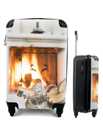 Produktbild von MuchoWow® Koffer Handgepäck Trolley Rollkoffer Kleine Reisekoffer mit 4 Rollen - Feuerstelle hinter einem Korb mit Holz - Cabin Size < 55x40x23 cm & 55x40x20 cm - Fotokoffer - Kabinenkoffer - Boardgepäck - Reise-Box - Reisekoffer - Reisegepäck - Koffer mit Bild - Trolley für Kinder