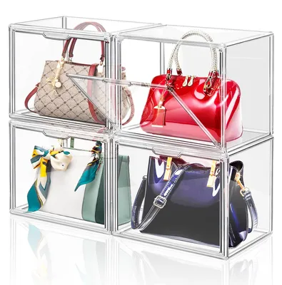 Produktbild von 4 transparente Aufbewahrungsboxen aus Kunststoff für Handtaschen, Acryl-Handtaschen-Präsentationsbox, stapelbare Aufbewahrungsboxen, Taschenorganizer mit
