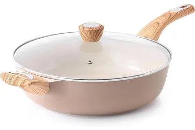 Obrázek produktu pro Hluboká pánev s poklicí, 30 cm, béžová, keramický nepřilnavý povrch, vhodná pro indukční vařiče, objem 4,7 litru