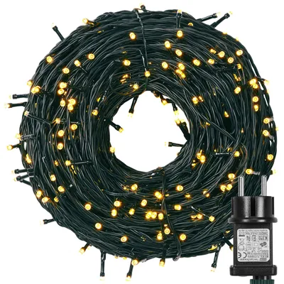A coiled string of LED lights with a power adapter.
