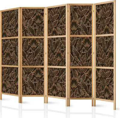 Produktbild von 5-teiliger Einseitiger Vlies Japanischer Paravent - Dense Vegetation - Botanical Patterns in Illustrative Style; Brown 225x172 cm Blumen f-A-10177-bh-f