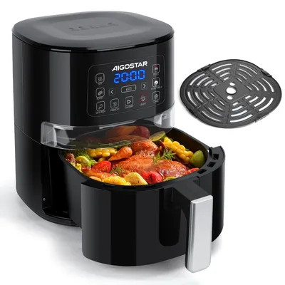 A black Aigostar air fryer with food inside, shown with an accessory basket.