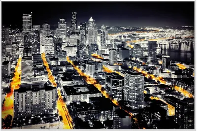 Produktbild von Wallario Wandbild Großstadt bei Nacht - Seattle in schwarz weiß gelb, Größe: 61 x 91,50 cm, Poster mit weißem Aluminiumrahmen