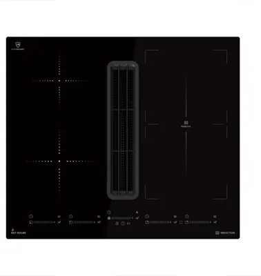 A black induction cooktop with an integrated downdraft ventilation system, shown from a top-down perspective on a white background.