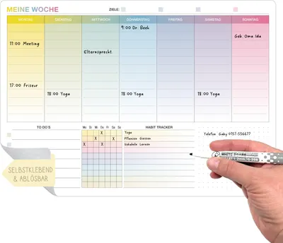 Produktbild von Whiteboard Wochenplaner abwischbar A4 inkl. Stift – Selbstklebender Planer 30 x 21 cm | Kalender mit To-Do Liste & Habit Tracker | Wiederverwendbarer Wochenplaner für Wand & Kühlschrank