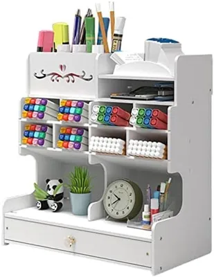Produktbild von PolkaHome® Hölzerner Stiftehalter – Schreibtisch-Organizer mit Schublade, 28 x 15 x 30 cm, Weiß