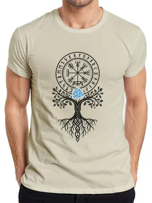 Productafbeelding van Wikings T-shirt met Valknut, Vegvisir, Weltenbaum, Yggdrasil, runen, kompas, Odin, herenmodel, natuur, groot
