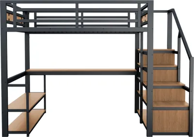Produktbild von Hochbett 140x200cm Schwarze Metallbett Einzelbett Tisch Eisenrahmenbett Mit Aufbewahrungsleiter Regalen Sicherheitszaun Design Metallrahmen