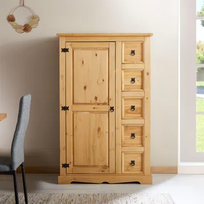 Produktbild von Kommode TEQUILA 5 Schubladen Natur gebeizt und gewachst. Highboard Kiefernholz massiv 2 verstellbare Einlegeböden Esszimmermöbel Zierbeschläge schwarz. Schubladenschrank Wohnzimmer Küche