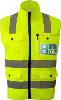 Obrázok produktu pre Bezpečnostná vesta Unyqoos® s 4 veľkými vreckami + priehradkou na karty, so zipsom – žltá, 360° reflexné prvky, možnosť prania do 40°C, vysoký golier, unisex, veľkosť XXL, vhodná na prácu, bicykel a motocykel