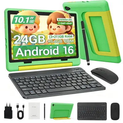 Produktbild von JENBIZZ Kinder Tablet 10¡¯¡¯ Android 16, 64GB erweiterbar auf 1TB, 24GB RAM, 6000mAh, Kindersicherung, WiFi 6, BT 5.4, mit Tastatur, Maus & Stift