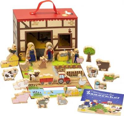 Produktbild von yoamo Bauernhof Spielkoffer für Kinder mit 24 Holzfiguren, hochwertigem Spielkoffer und weihnachtlicher Tier-Geschichte, 26-teilig (1 Set)