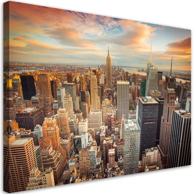 Produktbild von Leinwandbild sonnenuntergang über new york 90x60 cm Feeby orange wandbild bereit zum aufhängen
