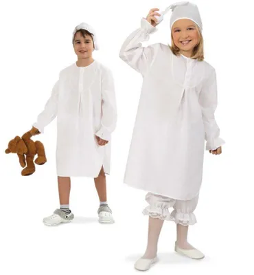 Two children wearing white nightgowns and caps, one holding a teddy bear.