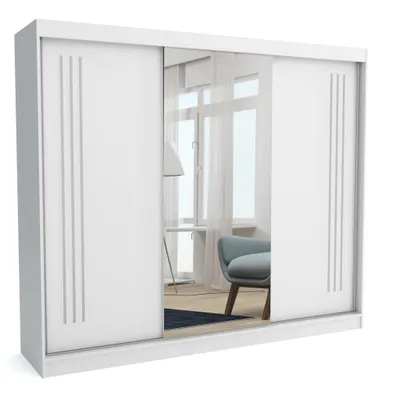Produktbild von Kleiderschrank MIKE 250 WHITE, 250x60x215 cm – Schiebetüren mit Spiegel, Kleiderstange & Regalböden, Garderobenschrank, Moderner Kleiderschrank