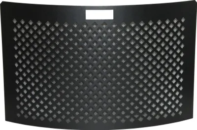 A black metal fire screen with a diamond pattern and a white rectangular label at the top center.