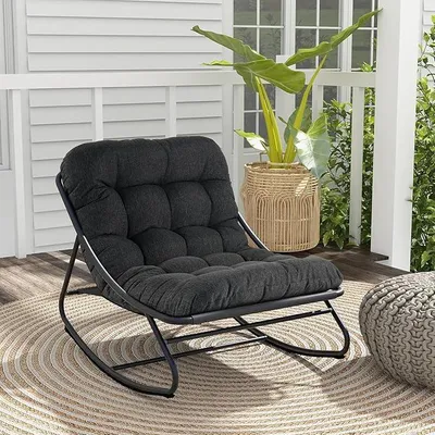 Imagen del producto de Silla mecedora para exteriores con cojín, tumbona mecedora, silla de relax resistente a la intemperie fabricada en metal, ideal para jardín, salón, patio, terraza y balcón, con capacidad de carga de hasta 150 kg - Color gris oscuro