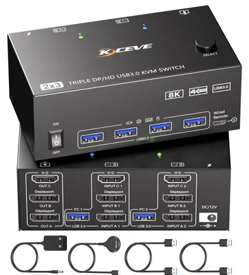 Produktbild von KVM-Switch für 3 Monitore, 2 Computer, 8K@60Hz, 4K@144Hz, mit HDMI und 2 DisplayPort-Anschlüssen