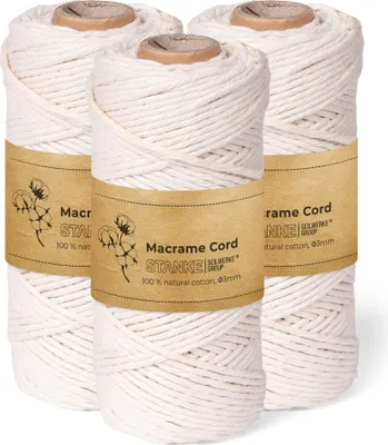 Produktbild von STANKE Makramee Garn 3mm Set 3x100 m - Farbe: Natur - Baumwollgarn für Boho-DIY, Körbchen, Traumfänger - Baumwollkordel für Girlanden, Untersetzer, Taschen - 100% Baumwolle, gedreht, weich