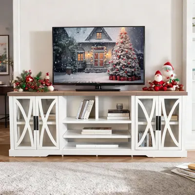 Produktbild von Parrot Uncle TV-Lowboard Weiß/Eiche, 237x49x83 cm, Sideboard mit Glastüren & Stauraum, Modernes Wohnzimmer-Möbel aus MDF
