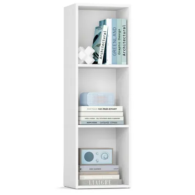 A white, three-tiered bookshelf with books and decorative items on each shelf.