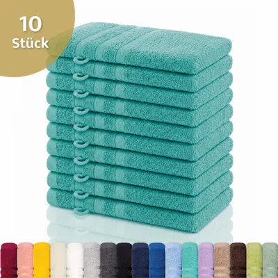 Produktbild von Lavea® 10er Set Waschhandschuh 15x21 cm – Waschhandschuhe aus 100% Baumwolle, weicher Frottee Waschlappen – Frottierserie Elena – Türkis
