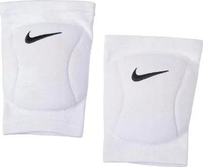 A pair of white Nike volleyball knee pads are shown against a white background.